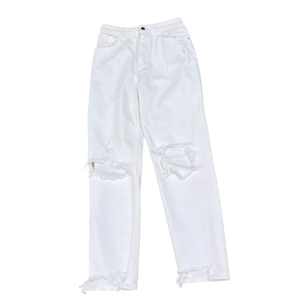 Zara off White Distressed Straight Leg Jeans torn knees raw hem size 6